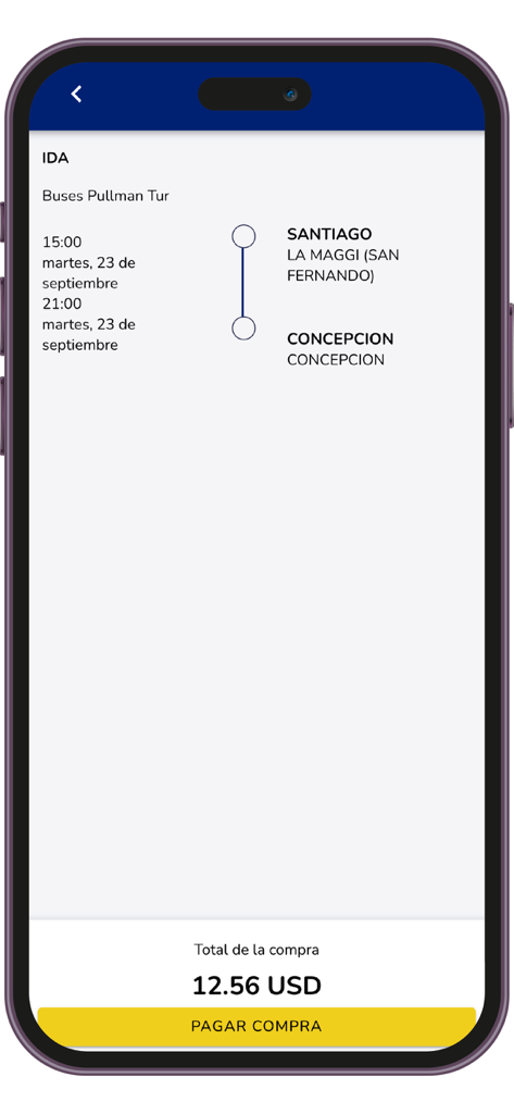 Pullman Tur - La app móvil Pullman Tur mostrando un resumen de billete de autobús de Santiago a Concepción por 12,56 dólares estadounidenses