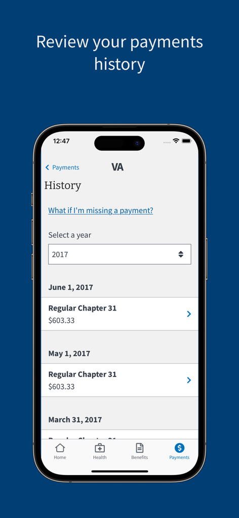 VA: Health and Benefits - Screenshot of the VA Health and Benefits app displaying a veteran's payment history with dates and amounts
