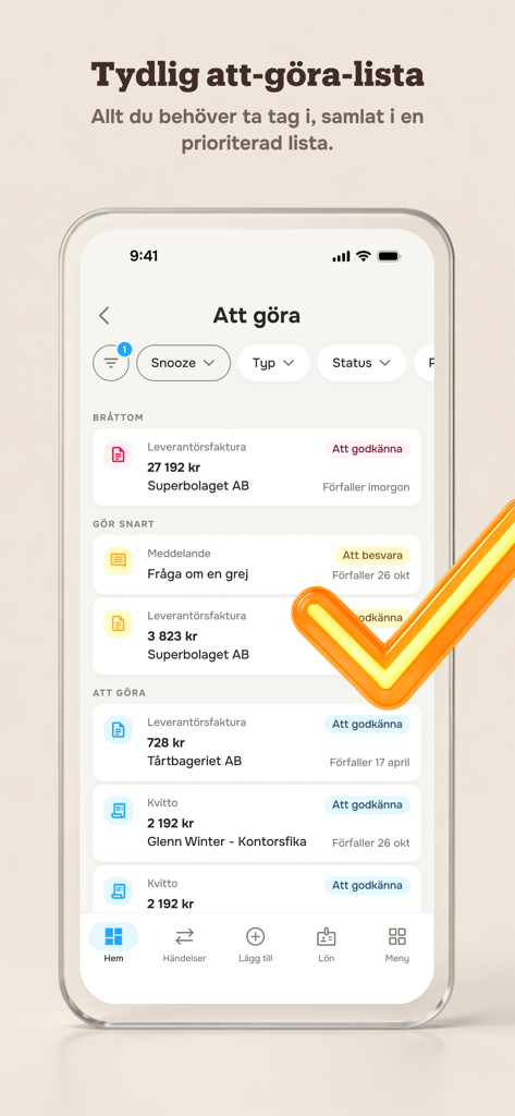 Wint - Écran mobile de l'application Wint montrant une liste de tâches prioritaires pour les factures et les reçus d'entreprise