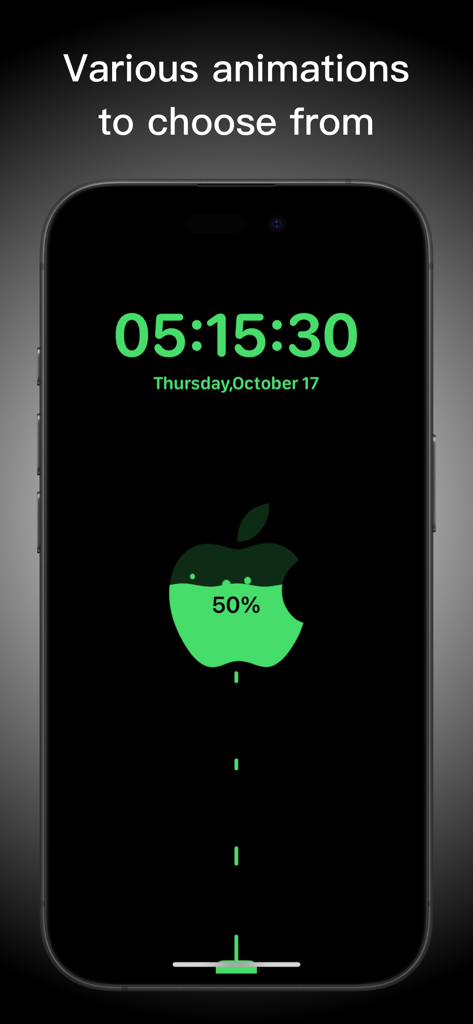 Charging Animation Lite - Captura de tela do Charging Animation Lite mostrando um indicador de bateria de logotipo da Apple verde em uma tela preta