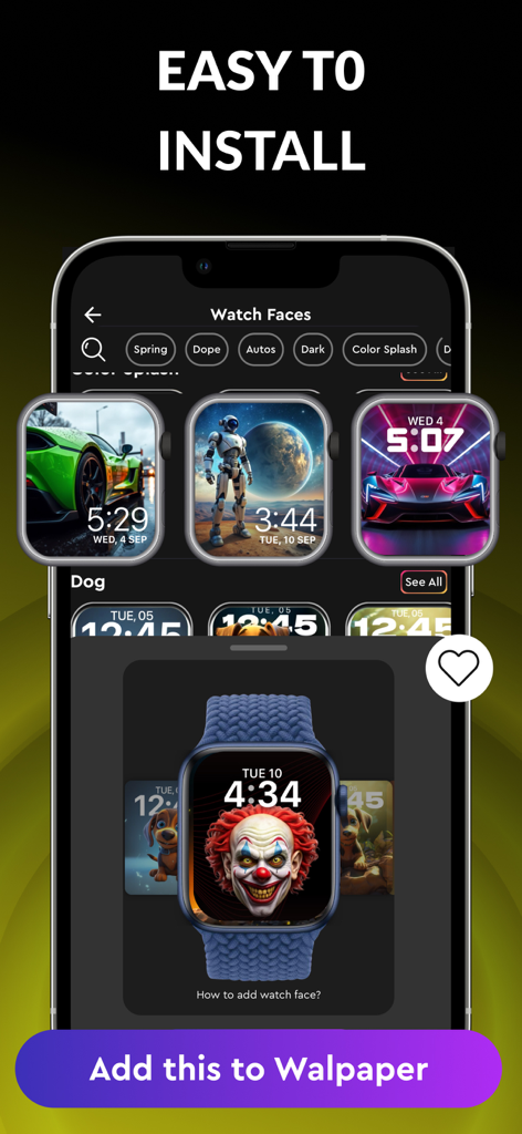 Watch Faces - Live Gallery - Interface of Watch Faces Live Gallery app showing diverse watch face designs and easy install feature