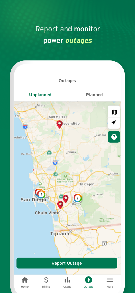 My Energy Center - My Energy Center app screen showing a map of power outages in the San Diego region