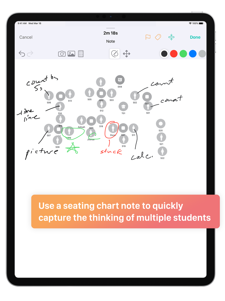 App LessonNote su iPad che mostra una planimetria di classe con osservazioni scritte a mano dall'insegnante e icone degli studenti