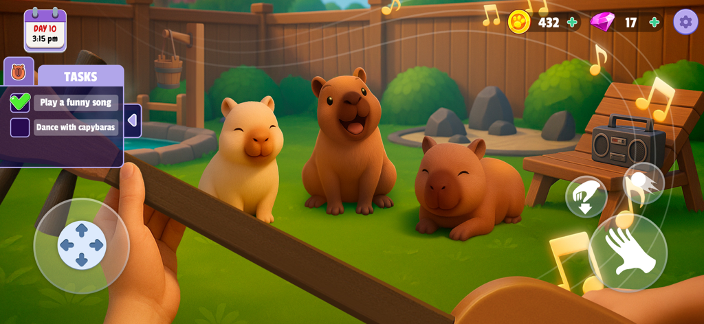 Three happy capybaras in a backyard garden listening to music played by the player