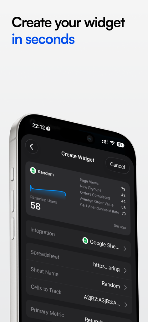PulseKit - Schermata dell'app mobile PulseKit che mostra come creare un widget di metriche aziendali personalizzato con integrazione Google Sheets