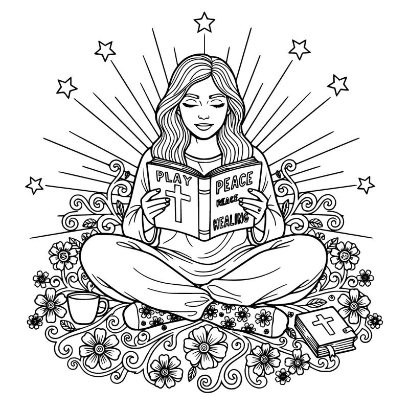 line art coloring page of a peaceful woman sitting cross leg, reading an open bible she has long hair and flowing clothes surrounded with flower lead stars socks sun raises include more detail, details, a cup journal, and cross on the bible page add words, play, peace, healing, bold, clean, outline, simple, calm, hand drawn style