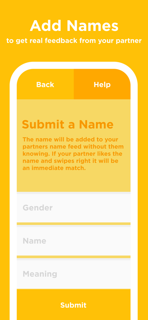 BabyName - find it together - Screenshot of the BabyName app showing the Submit a Name feature where users can manually add names for their partner to swipe on.