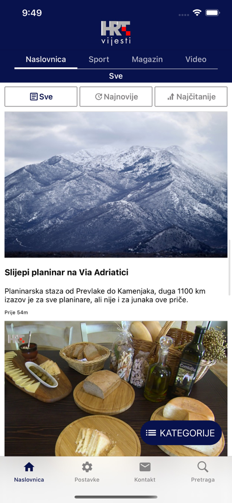 HRTvijesti - Homepage of the HRTvijesti app displaying Croatian news articles and navigation categories.