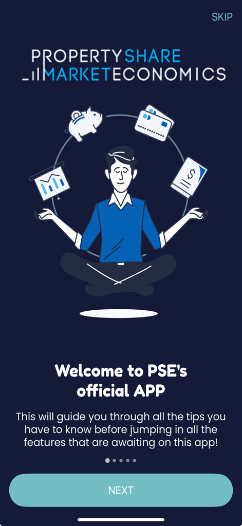 PSE - Welcome screen of the PSE app featuring an illustration of a man juggling financial icons