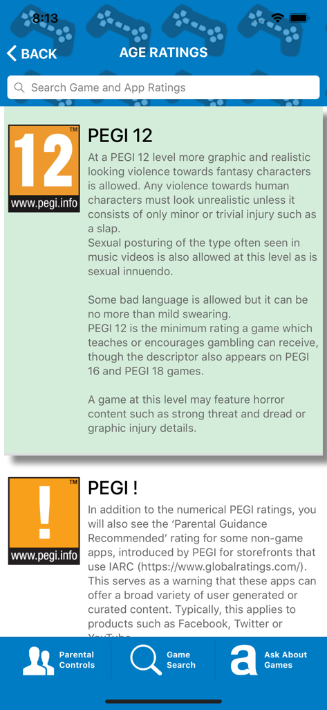 Tela do aplicativo móvel mostrando descrições detalhadas para classificações PEGI 12 e orientação parental