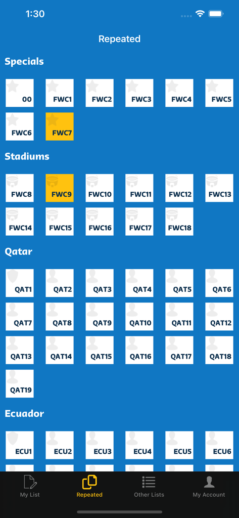 Sticker Album Collection - Uma tela no aplicativo Coleção de Álbuns de Figurinhas mostrando uma lista de verificação de figurinhas repetidas para categorias de esportes, incluindo Especiais Estádios Catar e Equador.