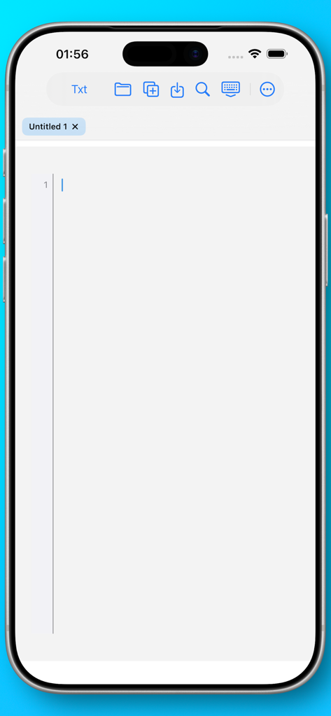 Neon Vision Editor - La interfaz minimalista móvil de Neon Vision Editor en iPhone muestra un nuevo documento de texto