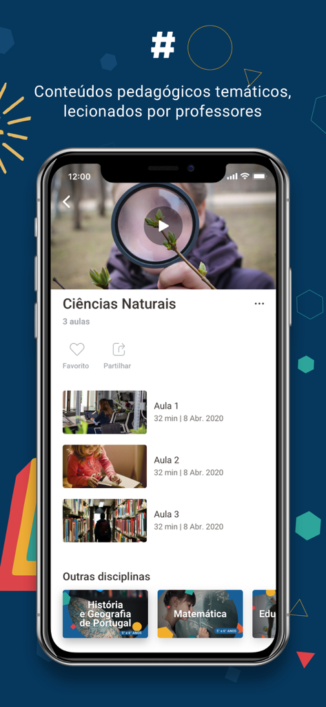 Interface of Estudo em Casa app showing natural sciences and other school subjects in Portuguese