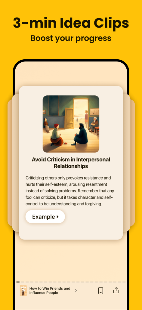 Bookey: Book Ideas for Growth - A 3-minute idea clip in the Bookey app about avoiding criticism in interpersonal relationships from the book How to Win Friends and Influence People.