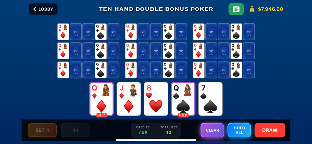 Una captura de pantalla del juego de Video Poker Galaxy con Double Bonus Poker de diez manos y reinas retenidas