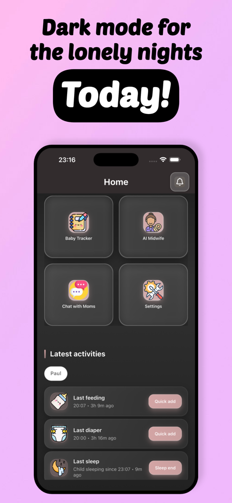 My Avocado Baby Tracker app interface showing dark mode for nighttime tracking of baby activities