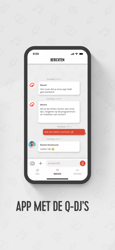 La interfaz de mensajería de la aplicación Qmusic mostrando un chat con un DJ de radio