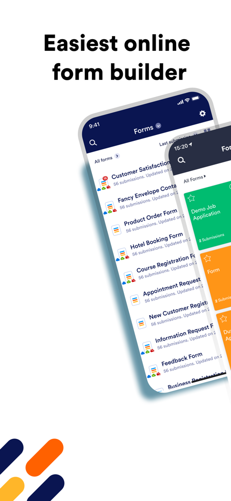 Jotform - Form, Sign & Survey - Jotform mobile app interface displaying a list of professional online forms and surveys on a smartphone screen.