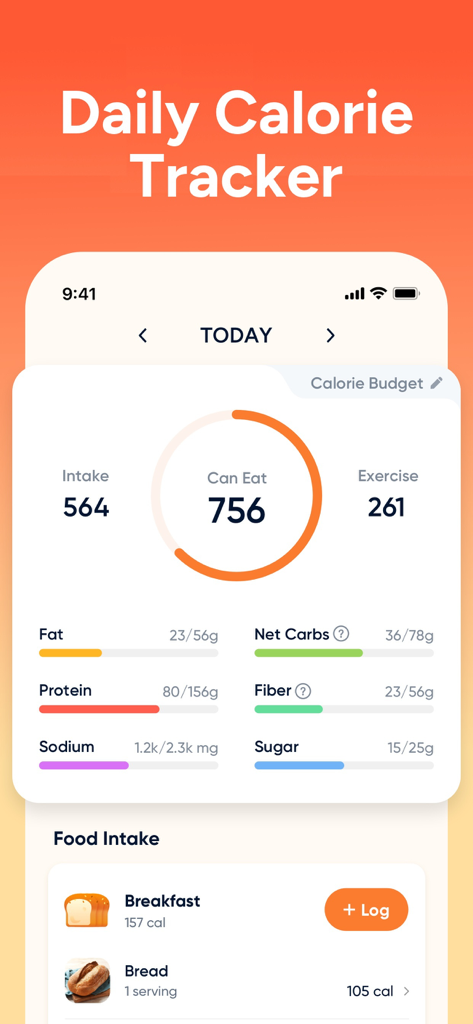 Eato®: Calorie Counter - Mobile app interface showing daily calorie tracking and nutrient intake details.