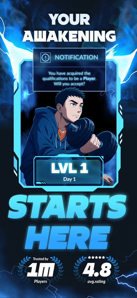 Arise app awakening screen featuring an anime character lifting weights in a gamified fitness interface