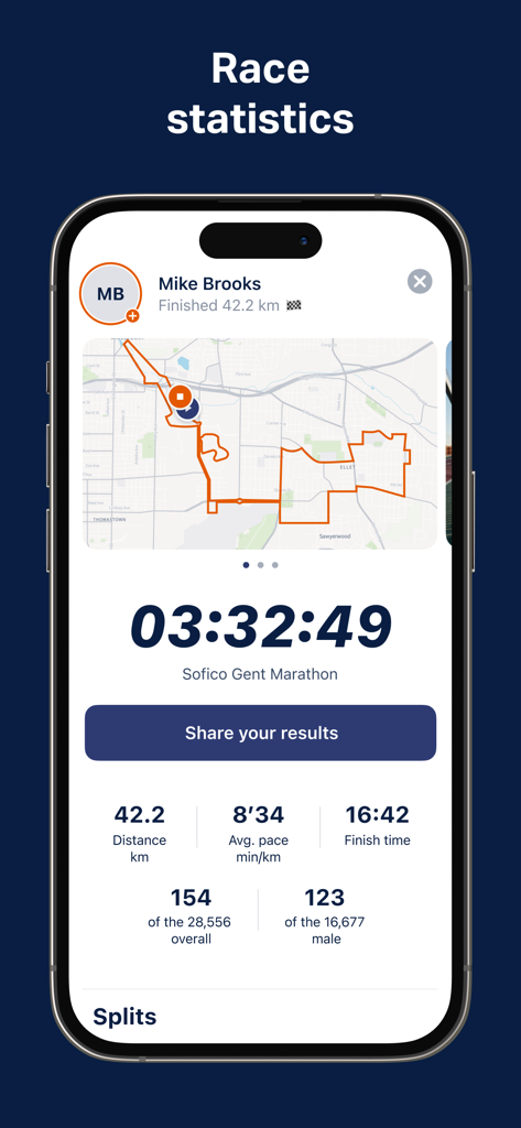 Écran d'application mobile montrant les statistiques de course du marathon pour un athlète, y compris le temps d'arrivée et le classement