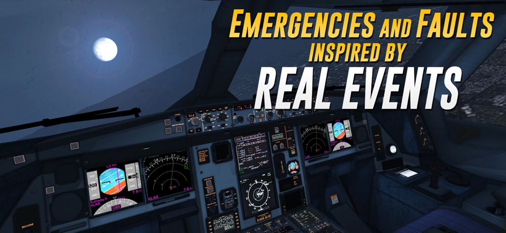 Una dettagliata cabina di pilotaggio virtuale 3D di un aereo di notte nel simulatore di volo Extreme Landings