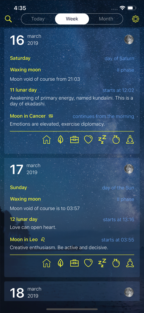 Lunar calendar Dara-Lite - Weekly view of the Dara-Lite lunar calendar app displaying moon phases, zodiac signs, and daily lifestyle recommendations.