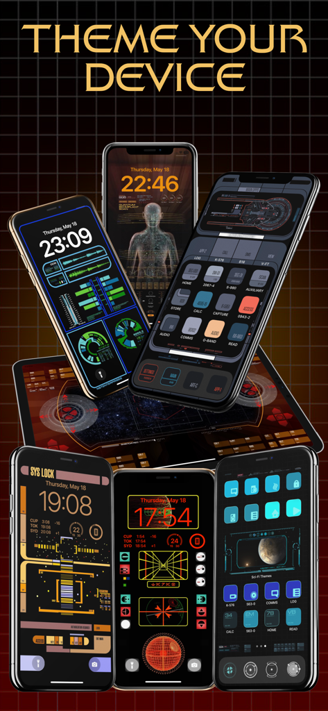 Sci-Fi Themes - A collection of iPhones and an iPad displaying various futuristic and sci-fi themed home and lock screens
