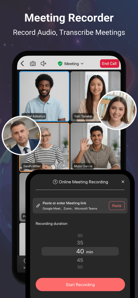 Interface of the V Recorder app showing an online meeting with multiple participants and a recording setup menu.