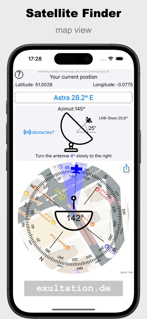 Satellite Finder (Pro) - 市街地図上にアンテナ調整手順とコンパスを表示する、Satellite Finder Proアプリのマップビュー。