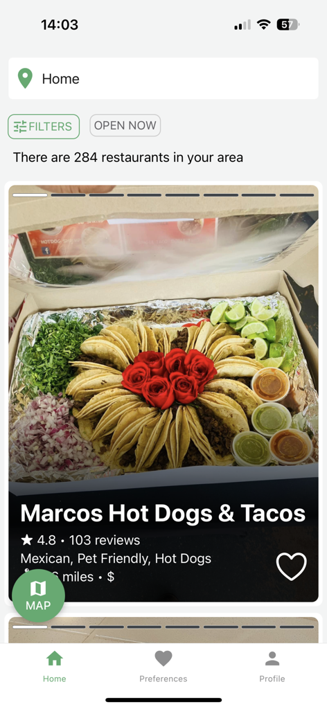 Restaurantji Dining Guide - Restaurantji mobile app interface showing a local Mexican restaurant with reviews and ratings