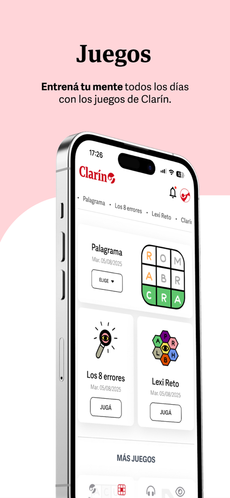 Clarín.com - Mobile interface of the Clarin app showing the Juegos section with various daily mind games.