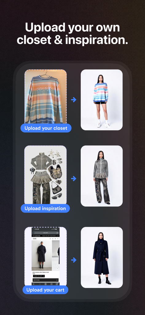 Stylar - Pantalla de la app Stylar que demuestra cómo subir artículos del armario personal, inspiración de estilo y carritos de compra para pruebas virtuales.