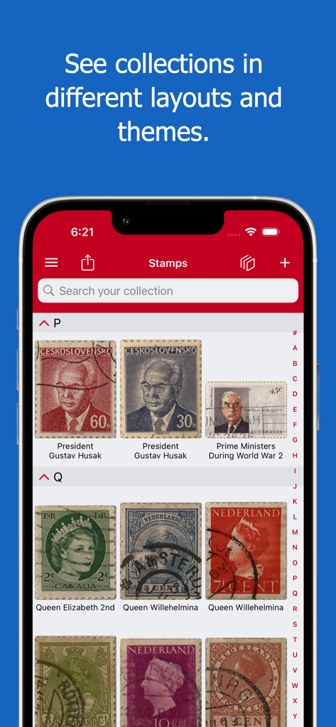 iCollect Stamps: Scanner List - iCollect Stamps app showing a stamp collection organized in a grid layout on an iPhone