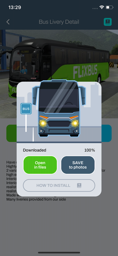 Mods for Bussid - A pop up screen in the Mods for Bussid app showing a completed download with options to save to photos or open in files