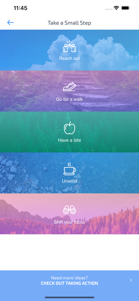 MindShift CBT app screen displaying actionable steps for anxiety relief including Reach out and Go for a walk