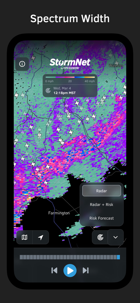 StormNet app interface displaying high-resolution NEXRAD spectrum width radar with lightning indicators.