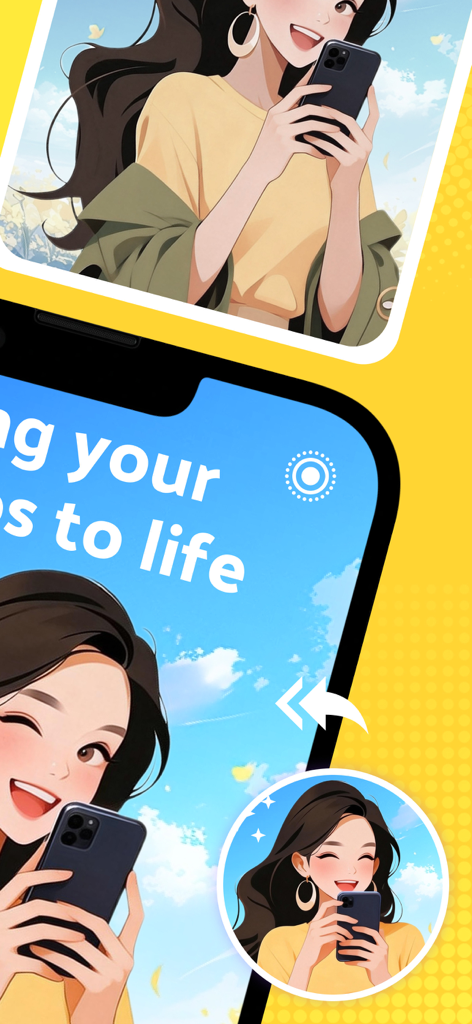 Ilustração de uma mulher feliz usando o aplicativo Live Ease para dar vida às memórias do seu telefone com papéis de parede dinâmicos