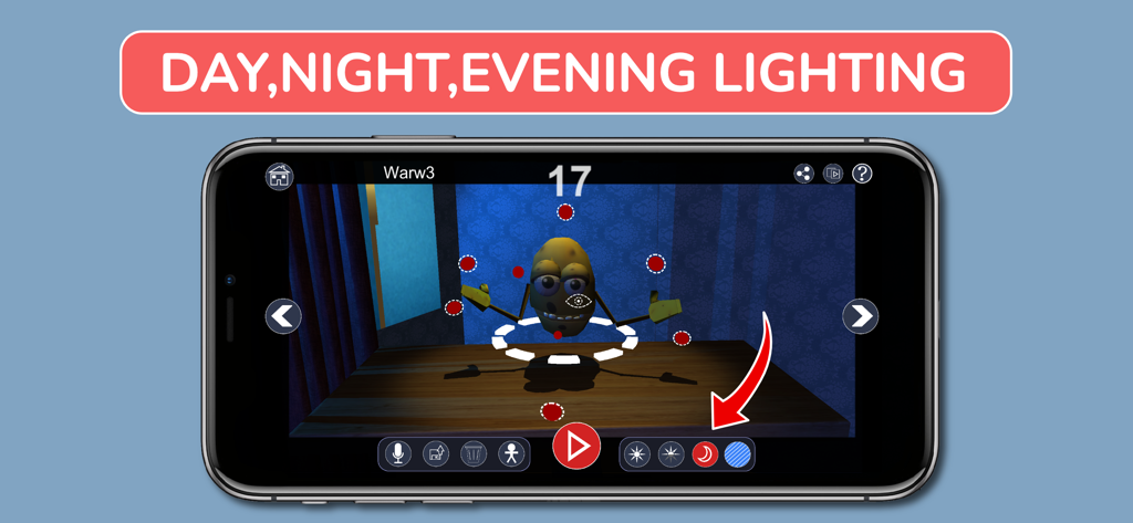 Animate Me 3D - Animate Me 3D interface showing day night and evening lighting settings for 3D character animation