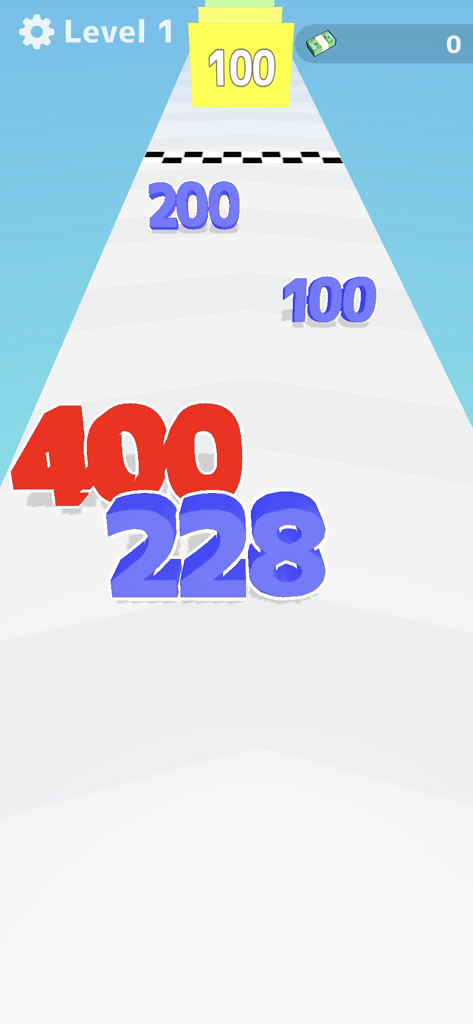 Number Master: Run and merge - Un personaje de número 3D azul corriendo en una pista blanca hacia números más pequeños y más grandes en el juego Number Master