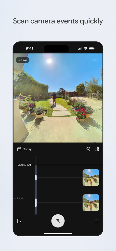 Google HomeアプリのNestカメラのライブ映像画面。裏庭の映像と、記録されたイベントの時系列が表示されている。