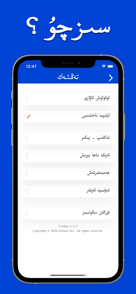 The settings menu screen of the Alipbe Uyghur language learning app displayed on an iPhone.