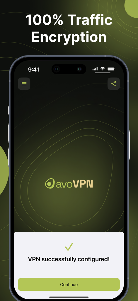 avoVPN-Oberfläche, die eine erfolgreiche Konfiguration und eine Meldung zur Datenverschlüsselung zeigt