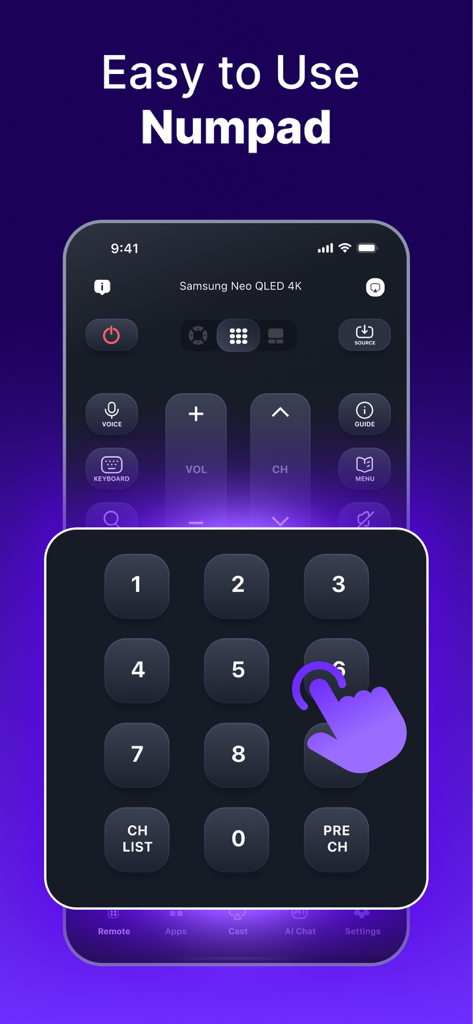 TV Remote Pro & Screen Mirror - iPhone app interface showing an easy to use numeric keypad for smart TV control