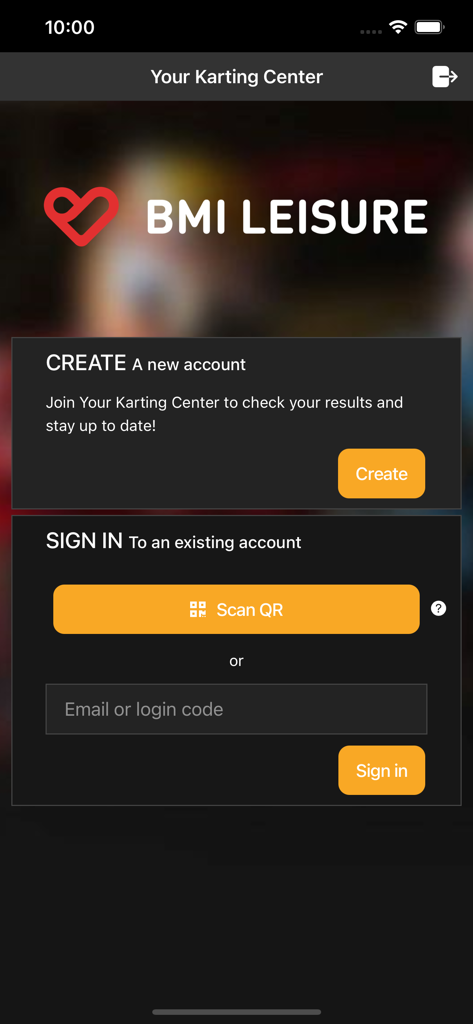 Página de login e criação de conta para o aplicativo de kart Activity Box