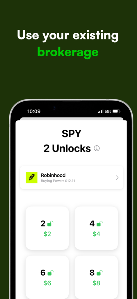 Hedge: Bet on Your Future - Hedge app interface showing brokerage connection to Robinhood for investing and earning app unlocks