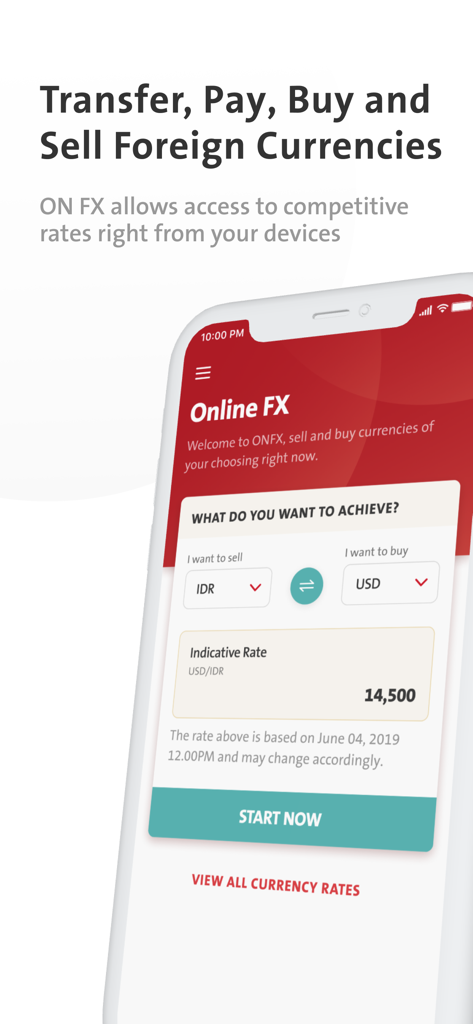 OCBC Business mobile Indonesia - Écran FX en ligne de l'application OCBC Business mobile Indonésie pour l'achat et la vente de devises étrangères
