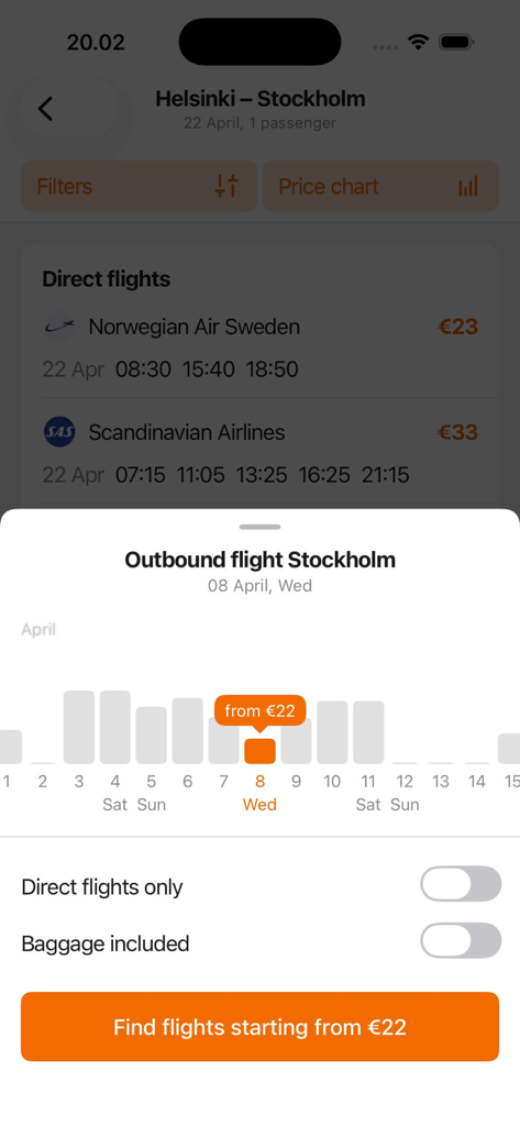 格安旅行者向けのフライト価格カレンダーと直行便オプションを表示するモバイルアプリ画面
