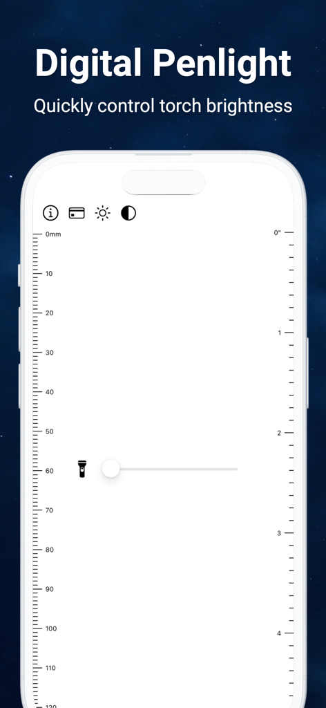 Penlight. - Interfaz de la aplicación Penlight mostrando una regla digital y un control deslizante para ajustar el brillo de la linterna
