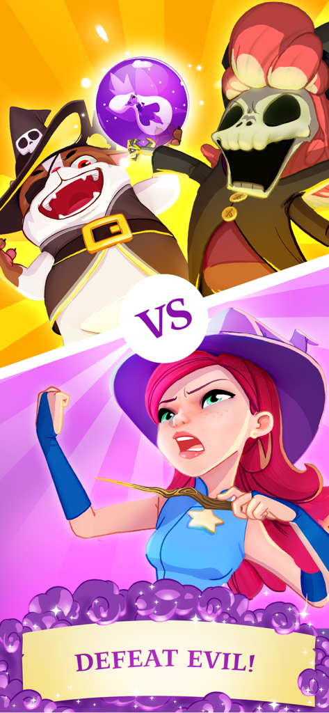 Bubble Witch 3 Saga - Stella the witch facing off against Wilbur the cat in Bubble Witch 3 Saga with the text Defeat Evil